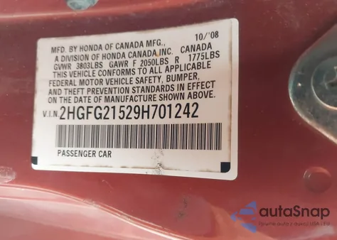 2009 Honda Civic Si z USA, uszkodzony, nr VIN 2HGFG21529H701242